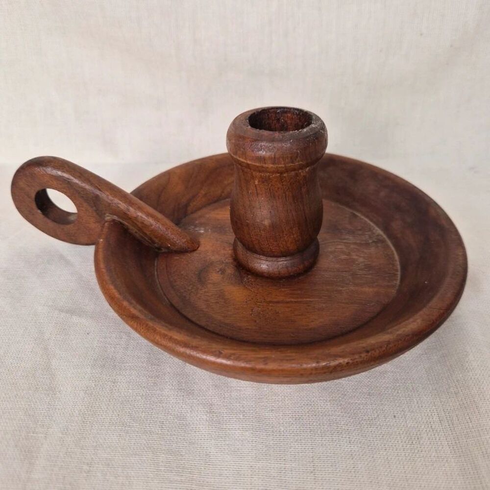 Vintage Hand Turned Wood Chamberstick Candle Holder Finger Loop Handle Rustic